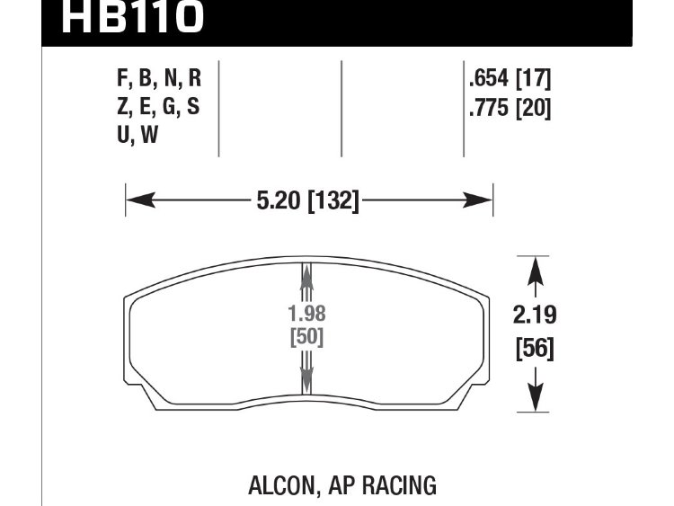 Колодки тормозные HB110S.654 HAWK HT-10; AP Racing, Alcon, Proma 4 порш; HPB тип 2, Rotora,17mm