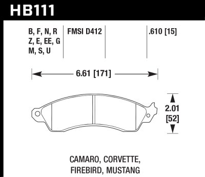 Колодки тормозные HB111G.610 HAWK DTC-60 PBR GM, Mustang 16 mm