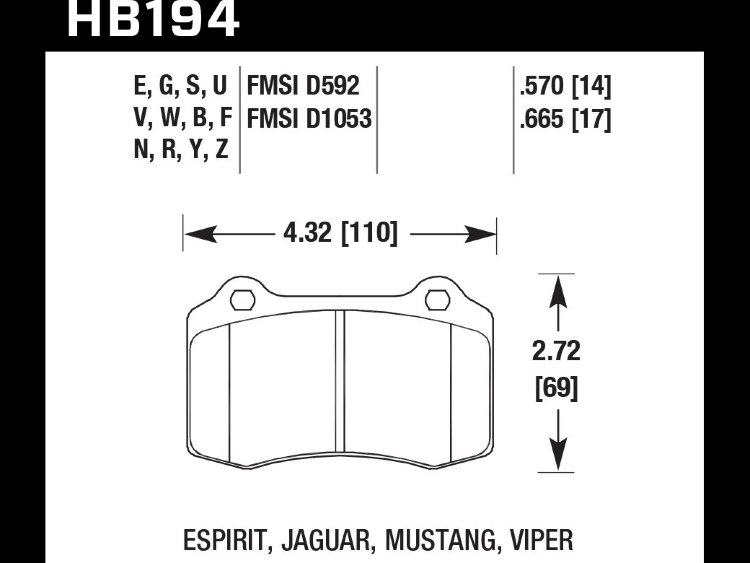 Колодки тормозные HB194Q.665 HAWK DTC-80; Viper, Mustang, Lotus 17mm