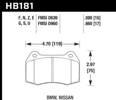 Колодки тормозные HB181F.660 HAWK HPS передние Nissan Skyline GT-R R33 / R34; Honda Integra DC5